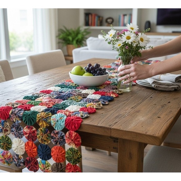 Handmade Other - Handmade 2 Yo-Yo Quilt Textile Art Boho Table Runner Wall Hanging Cottagecore